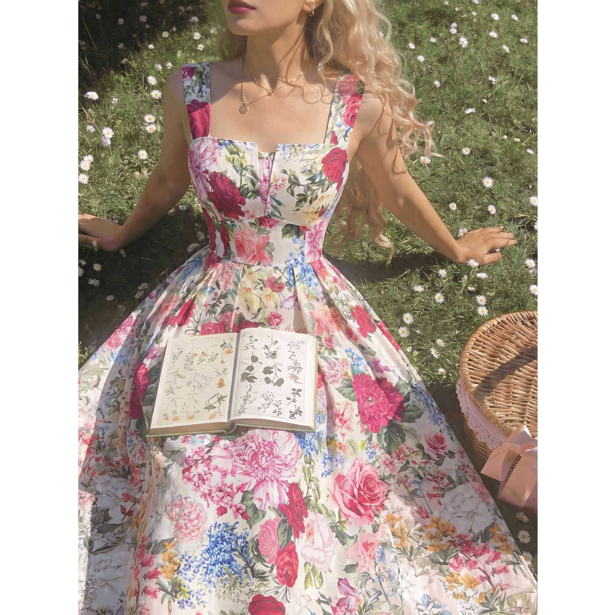 Long Cable-knit Dress With Blue And White Floral Print – Premium 0 | RICALOUX