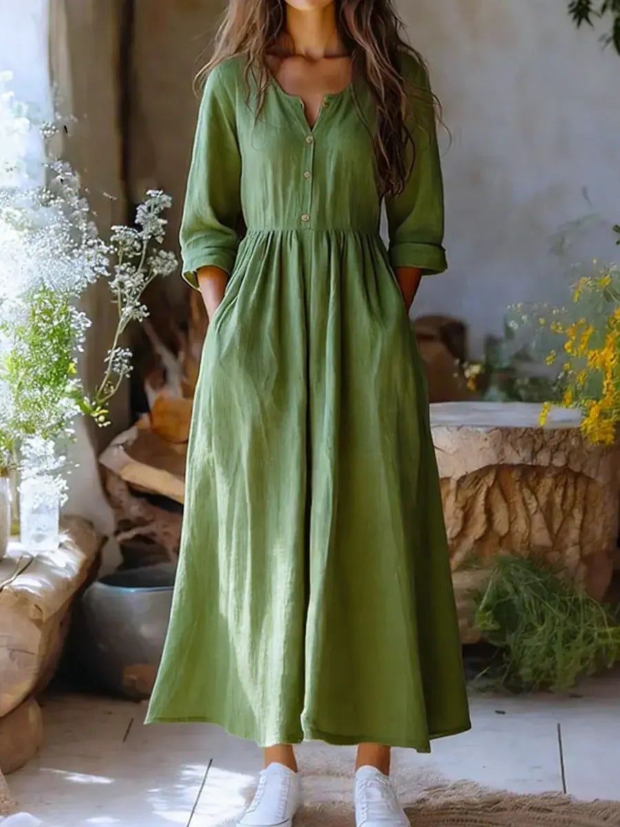 Womens Solid-color Long-sleeve Retro Cotton-linen Dress by Ricaloux
