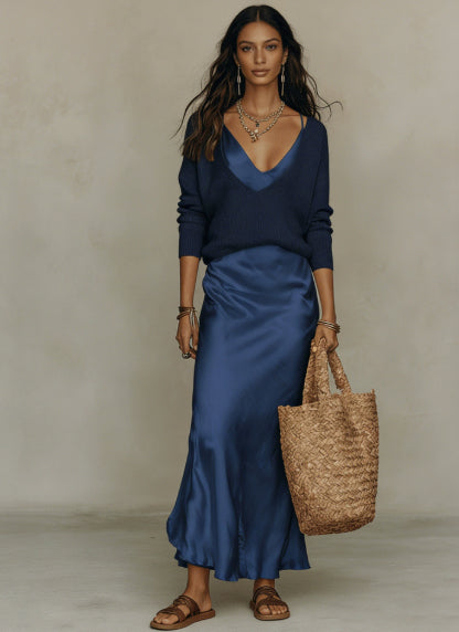 Women's Chic Satin Maxi Dress 2 Pieces Sets Sexy Straps Sleeveless Long Sleeve Top Evening Dresses Elegant New Party Street Gown by Ricaloux