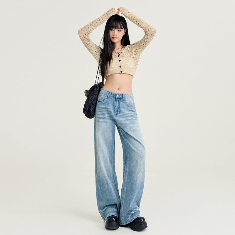 Womens Light-blue Washed Wide-leg Jeans – Premium 0 | RICALOUX