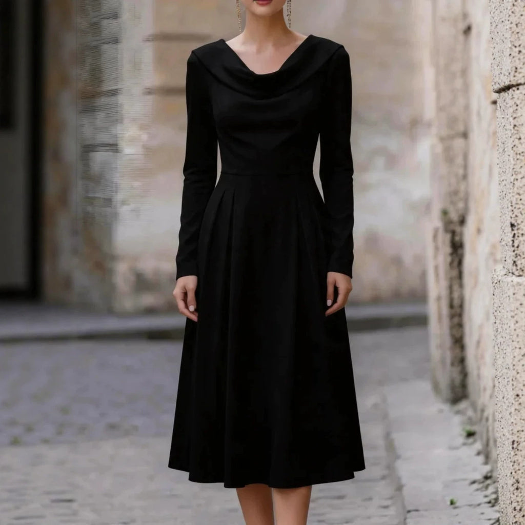 Elegant Boat-neck Satin Long-sleeve Waist-cinched Midi Evening Gown – Premium 0 | RICALOUX