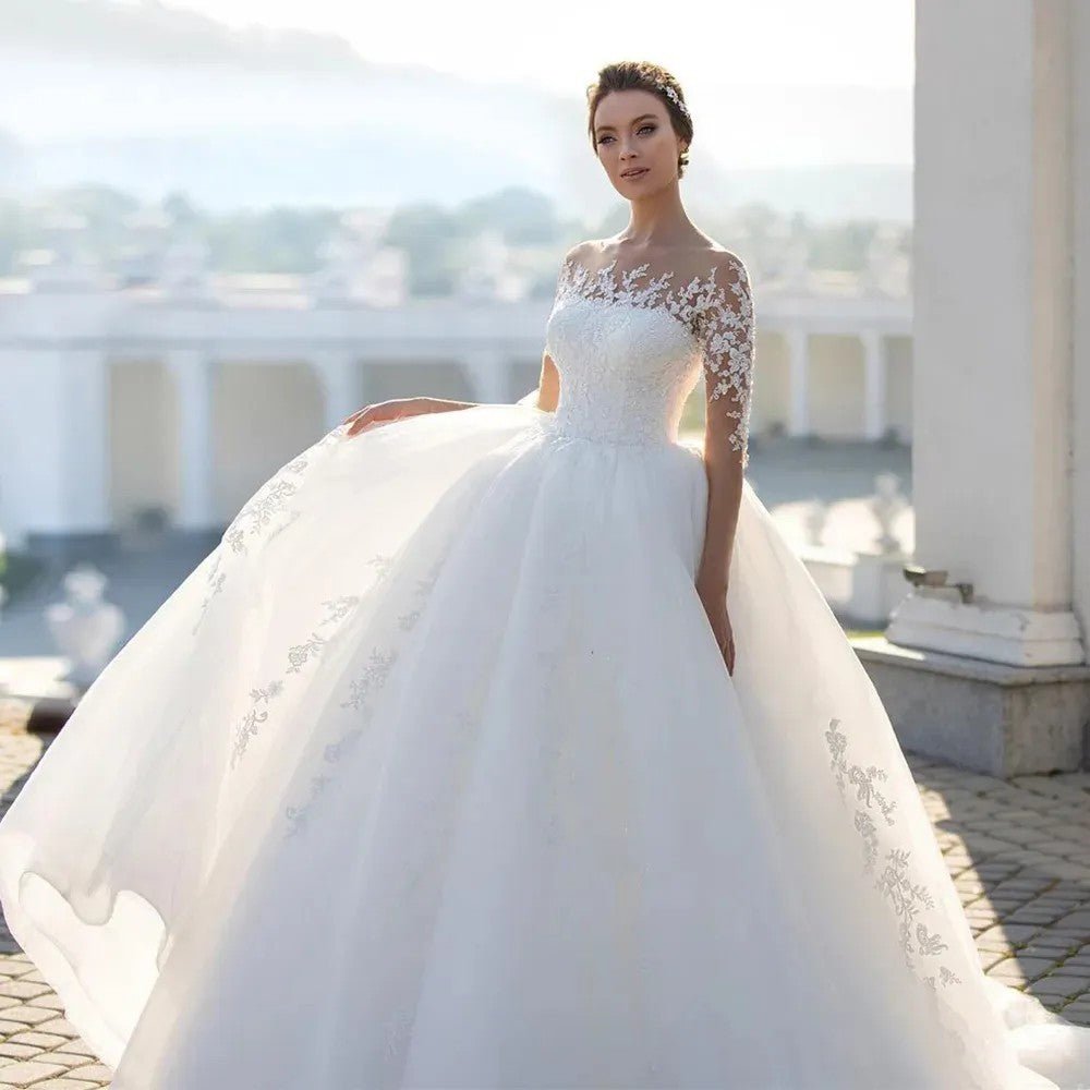 Bridal Mesh Long Sleeve Embroidered Wedding Dress - RICALOUX