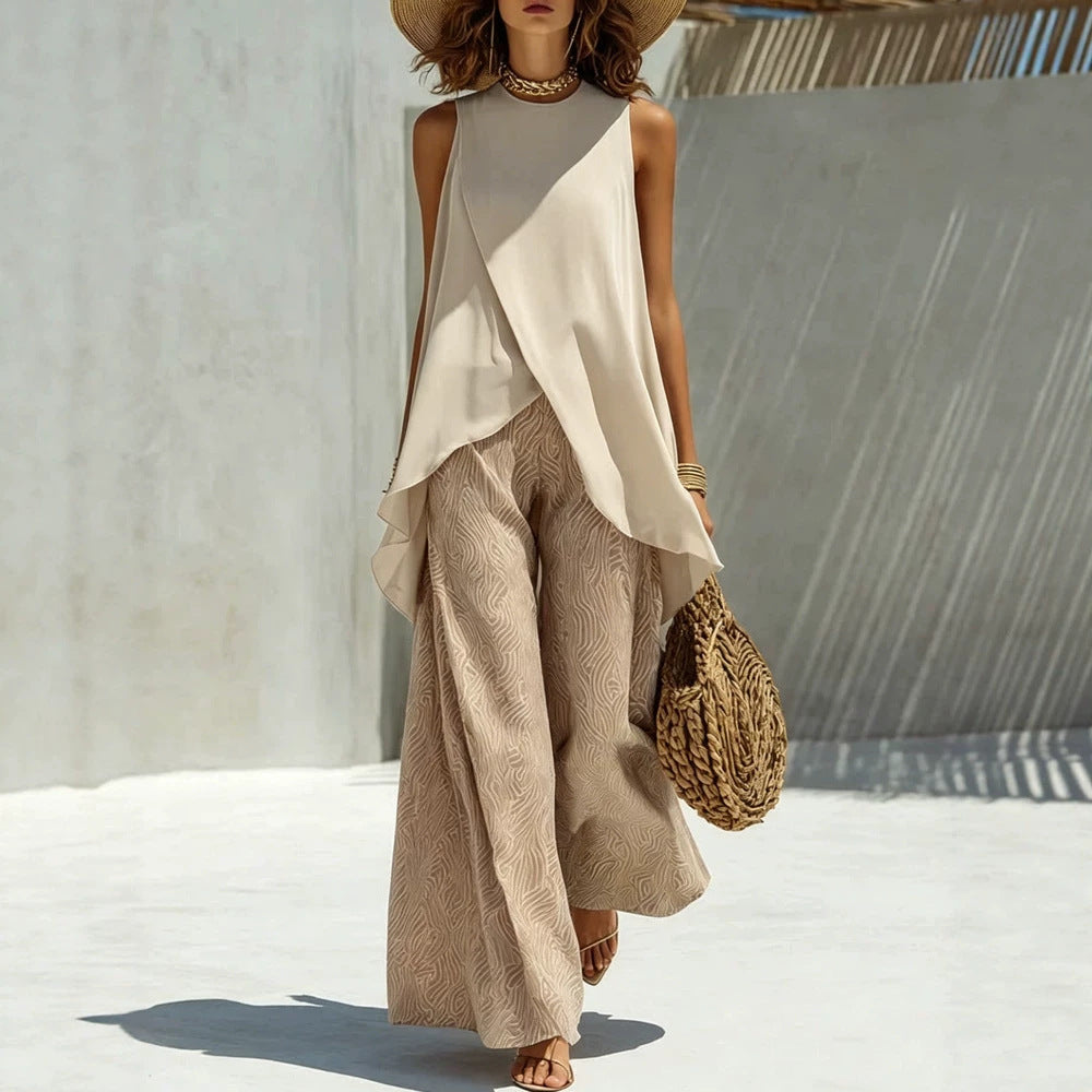 Womens Crew-neck Pullover Sleeveless Top And Long Pants Set by Ricaloux