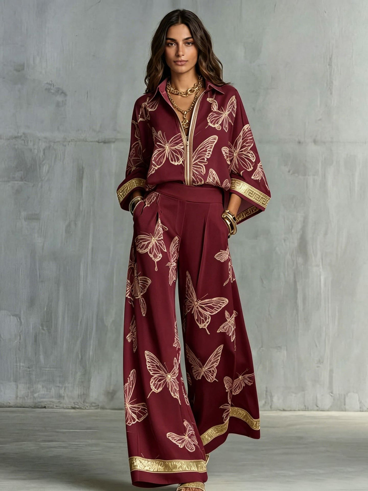 Womens Printed Loose-Fit Zip-Up Top And Wide-Leg Pants Two-Piece Set by Ricaloux