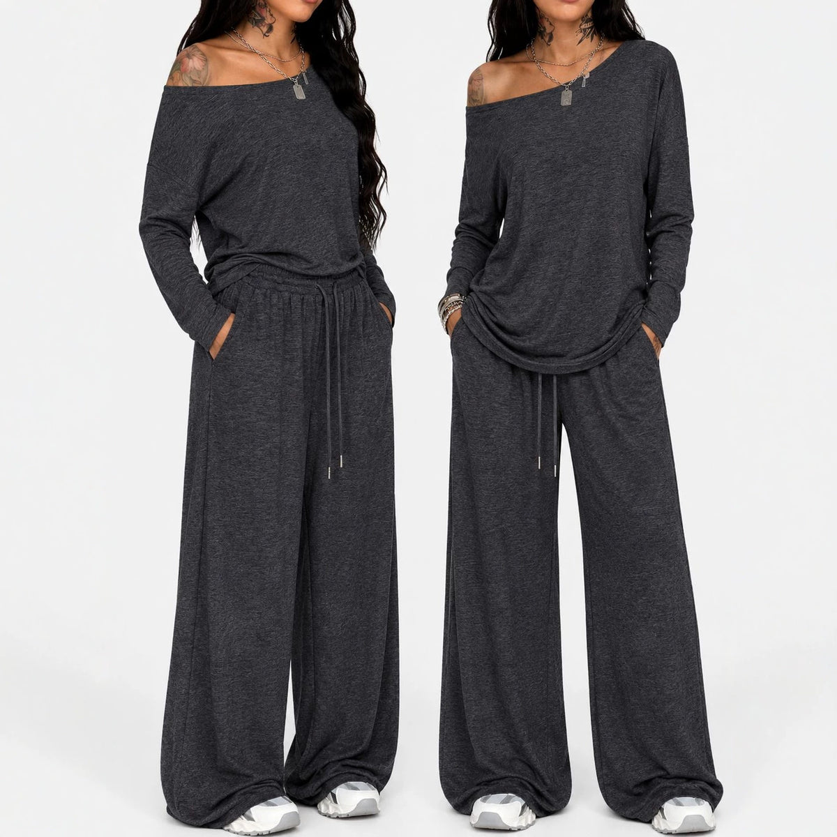 Womens Casual Loose-Fit Off-Shoulder Wide-Leg Pants Set by Ricaloux
