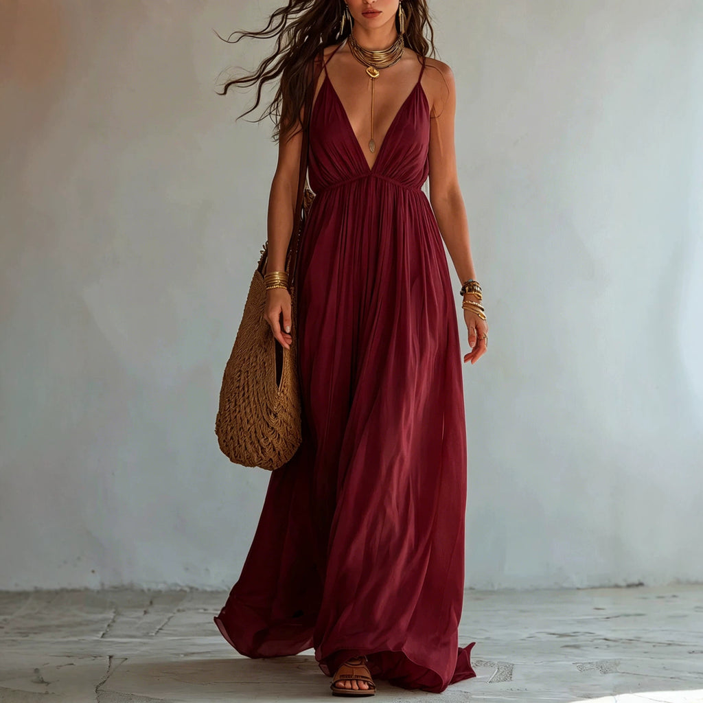 Deep V-neck Halter Backless Dress For Women by Ricaloux