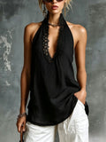 V-neck Sleeveless Halter Lace-trimmed Cotton-linen Vest by Ricaloux