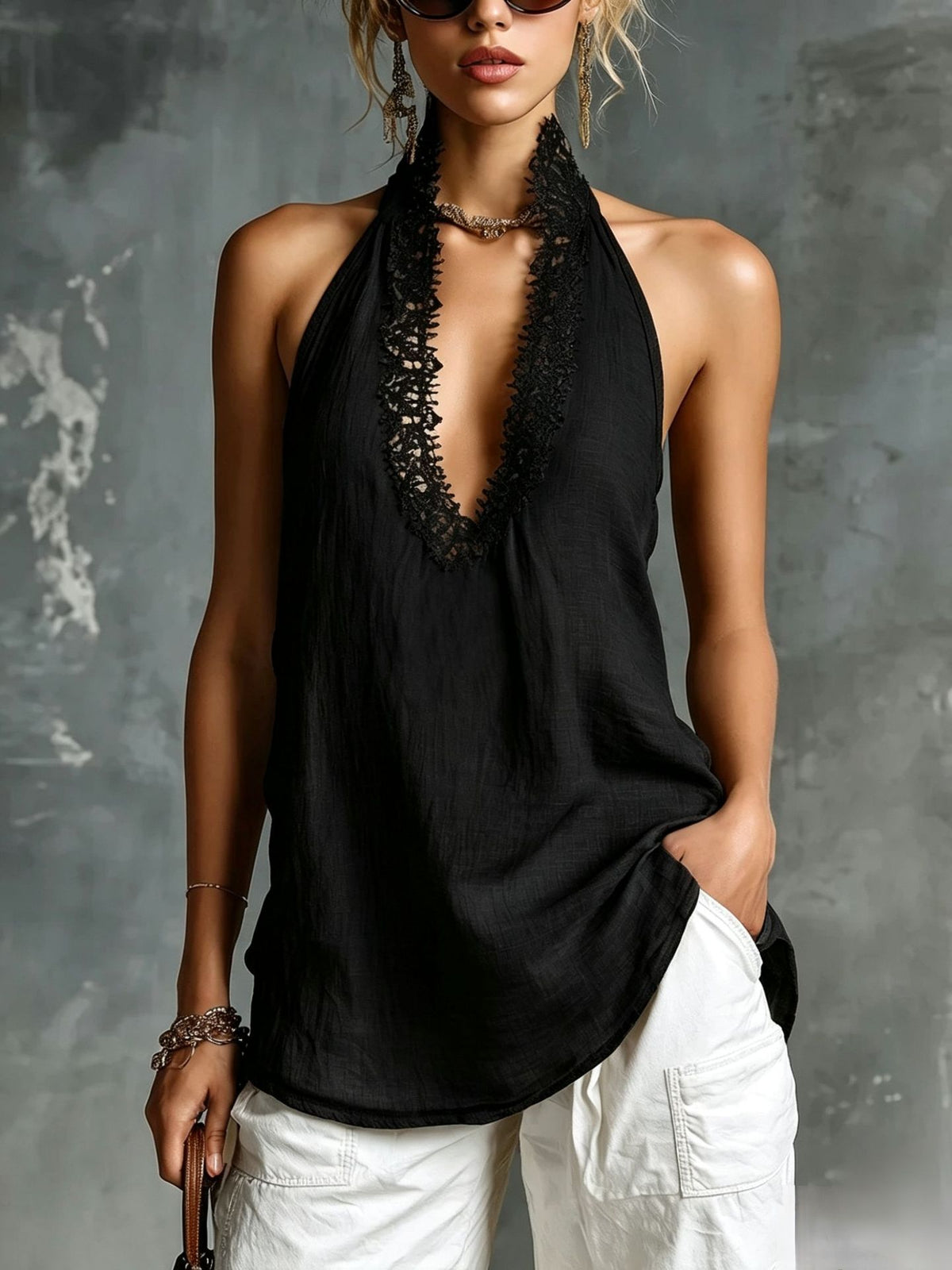 V-neck Sleeveless Halter Lace-trimmed Cotton-linen Vest by Ricaloux
