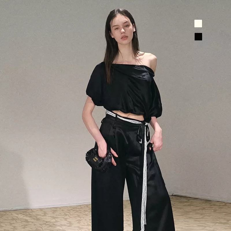 Two-piece Set Off-shoulder Top With Lace Belt And Wide-leg Pants by Ricaloux