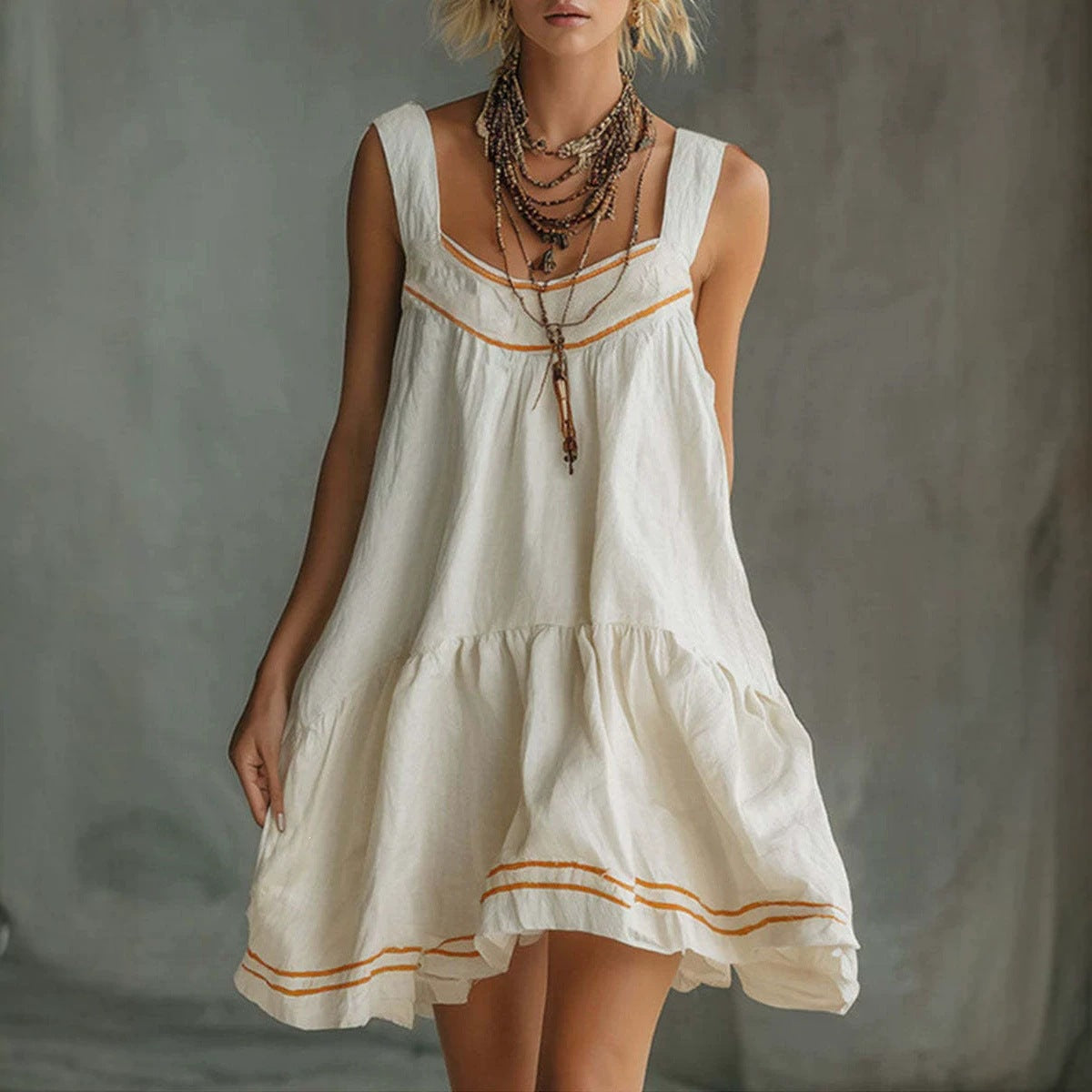New Retro Casual Chic Embossed Comfortable Solid-color Cotton-linen Mini Slip Dress – Premium 0 | RICALOUX