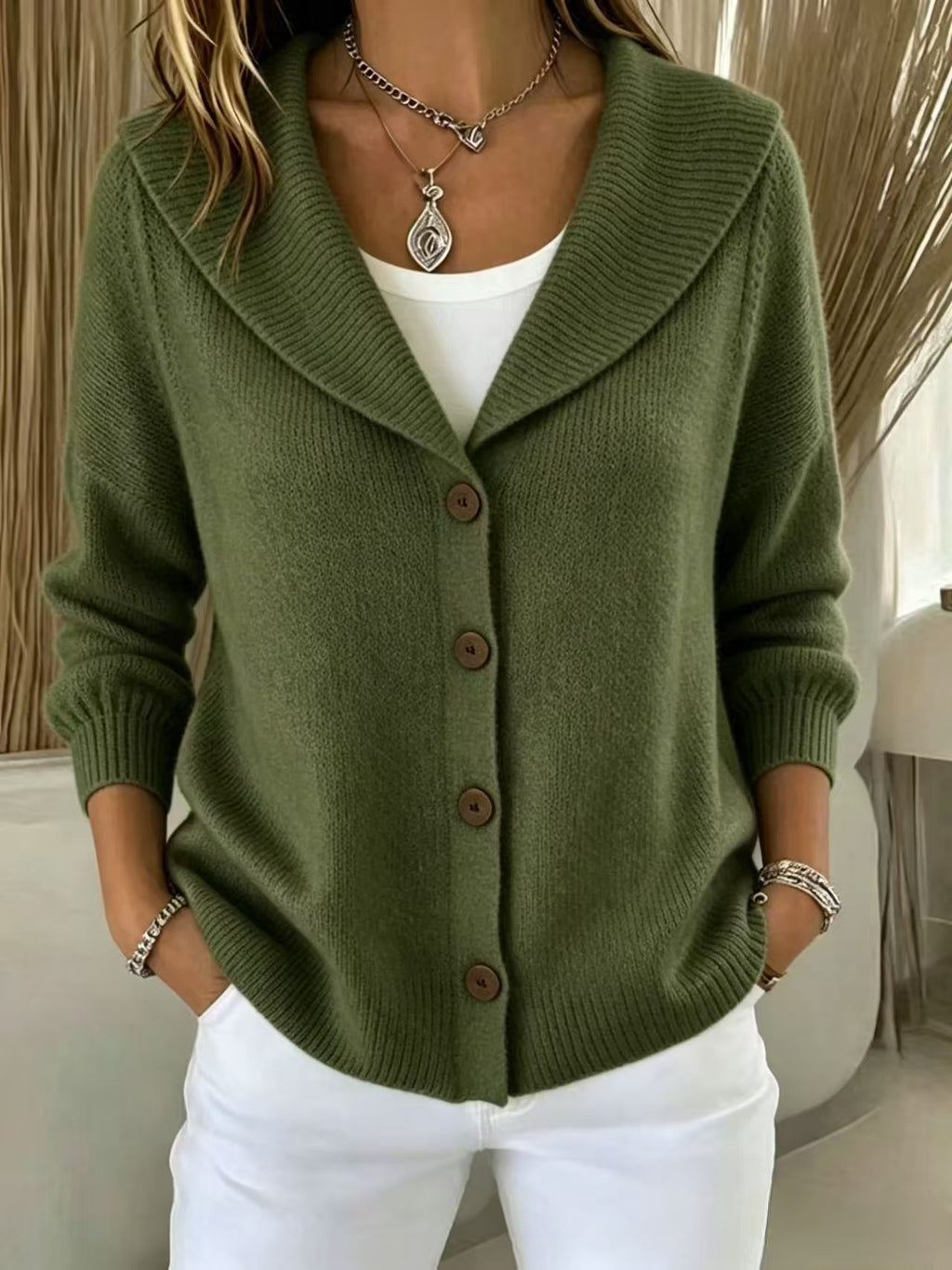 Womens Knitted Button-up Polo-neck Sweater by Ricaloux