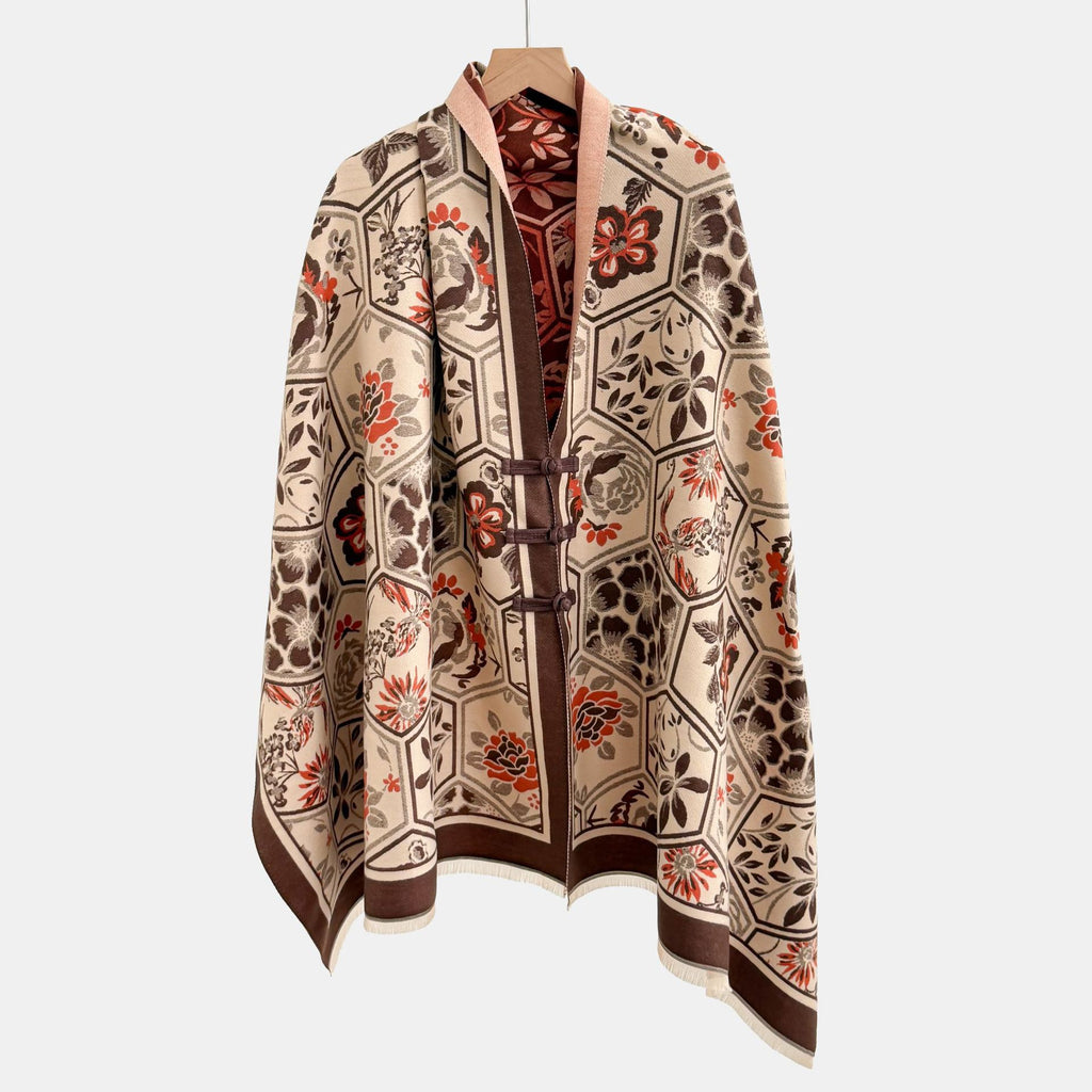 Vintage Knot-button Outerwear Jacquard Shawl by Ricaloux