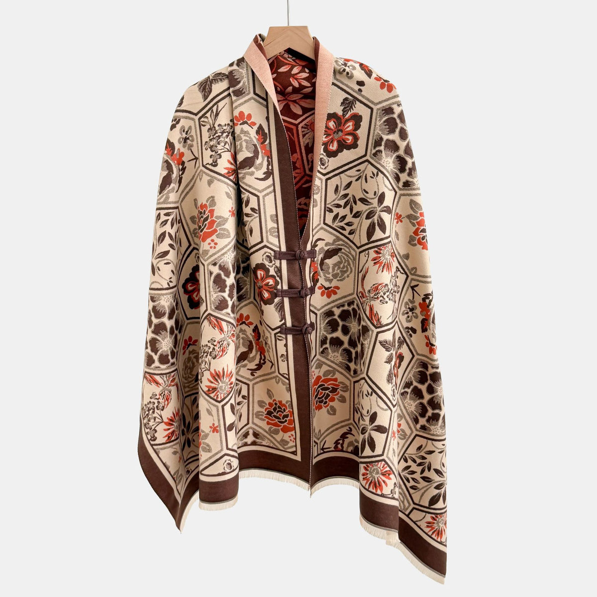 Vintage Knot-button Outerwear Jacquard Shawl by Ricaloux
