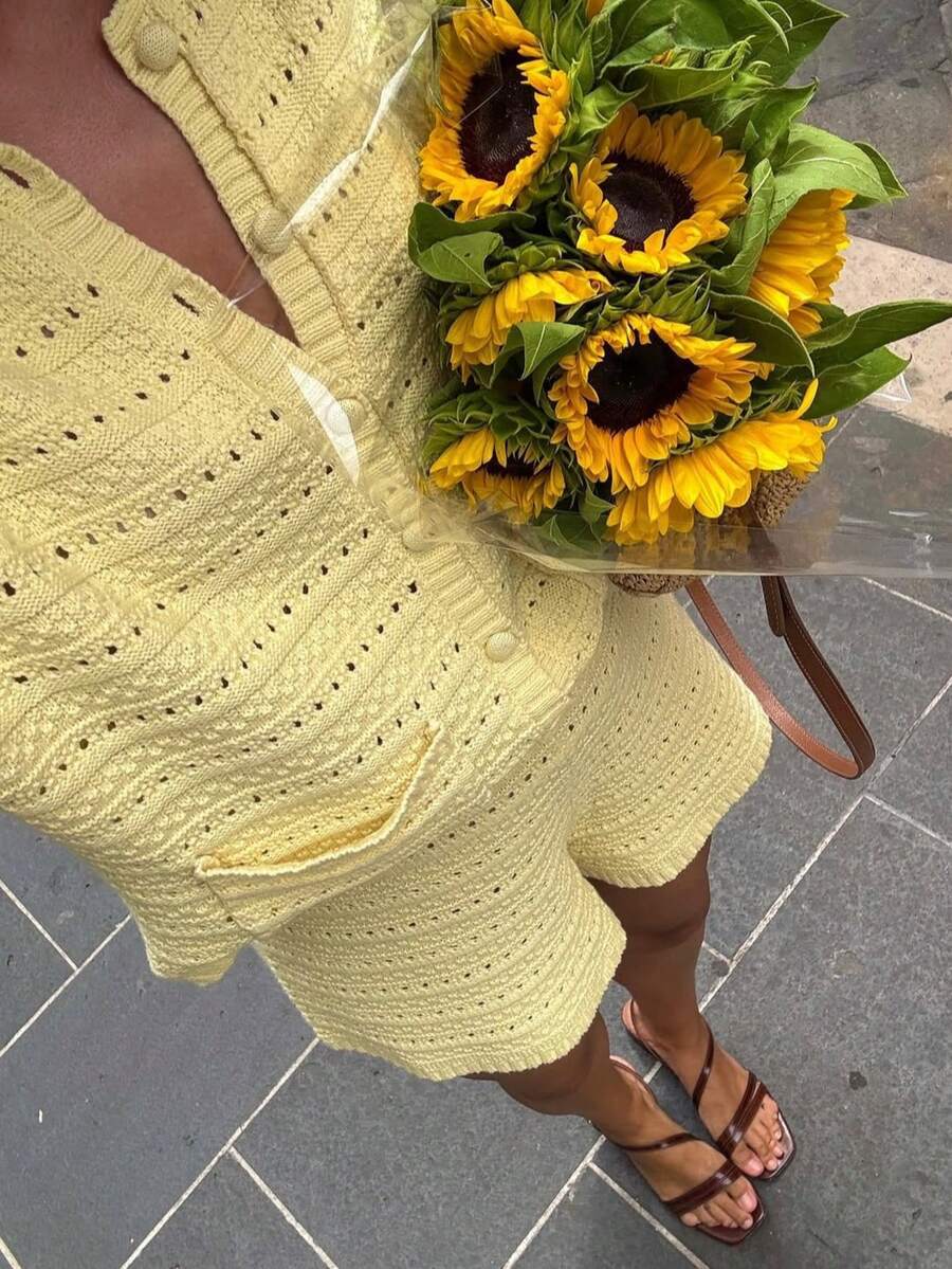 Short-sleeved Solid-color Knitted Cardigan And Shorts 2-piece Set by Ricaloux
