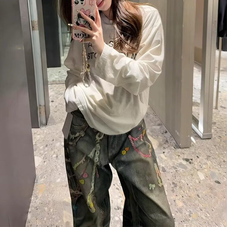 Womens Floor-length Printed Denim Jeans With A Chain Detail – Premium 0 | RICALOUX