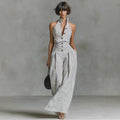 Button-front Sleeveless Shirt High-waisted Wide-leg Slim-fit Jumpsuit by Ricaloux