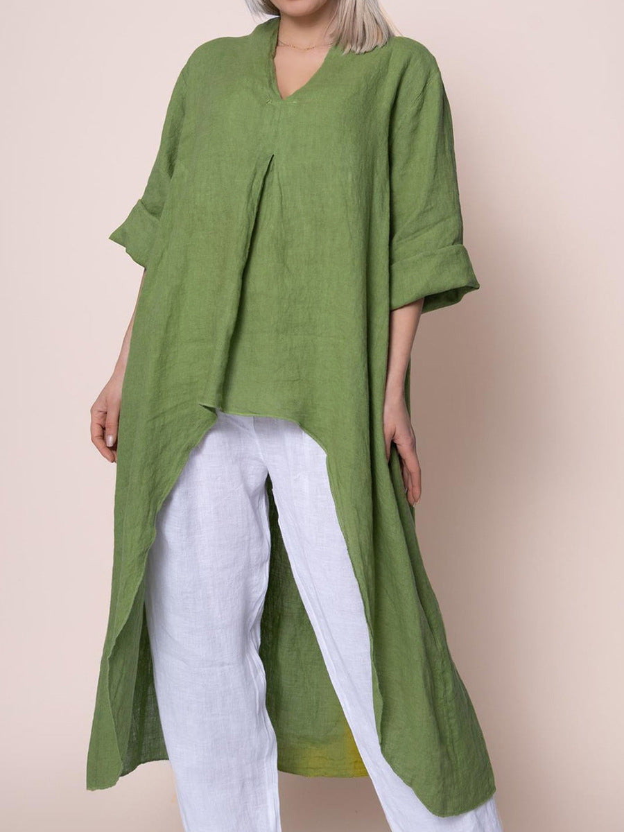 Womens Solid-Color V-Neck Asymmetric Long-Sleeve Shirt by Ricaloux