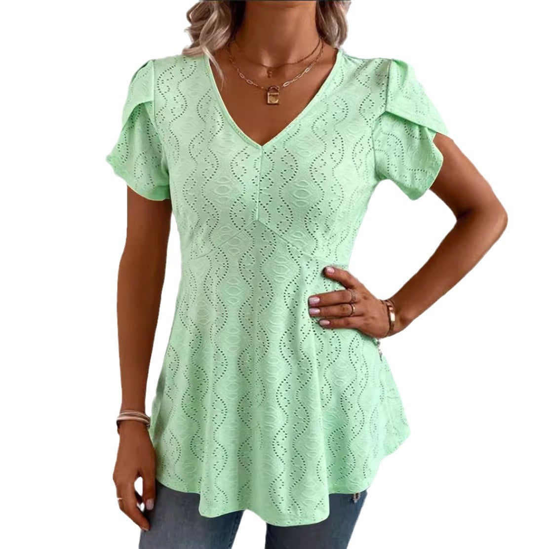 Solid-color V-neck Flutter-sleeve Casual by Ricaloux