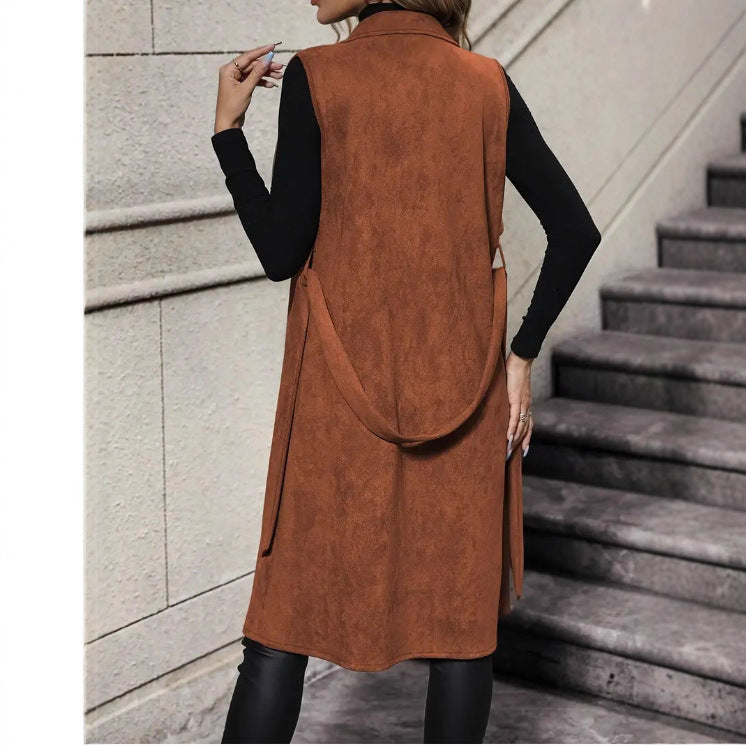 Electric Flip Collar Buckle Free Waist Belt Lace Up Long Vest by Ricaloux