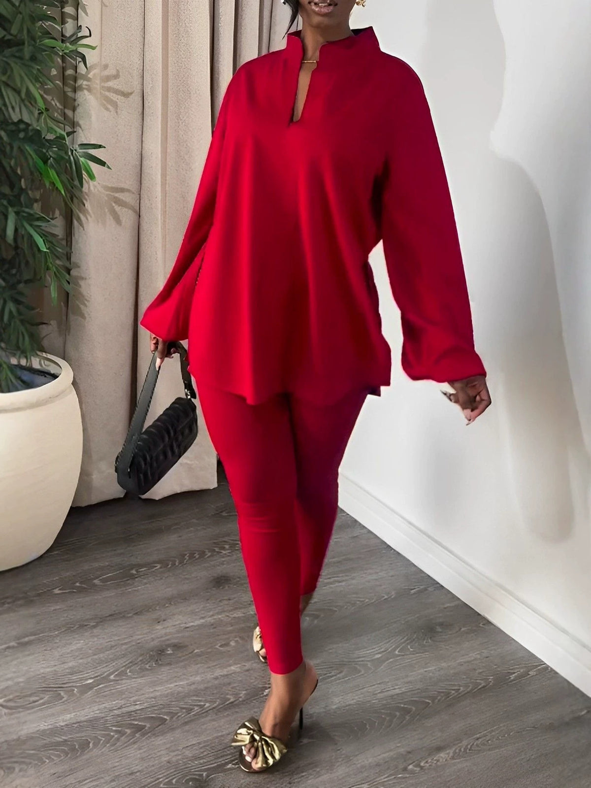 New Solid Color Split V-Neck Top & Skinny Pants Elegant Two-Piece Outfit by Ricaloux