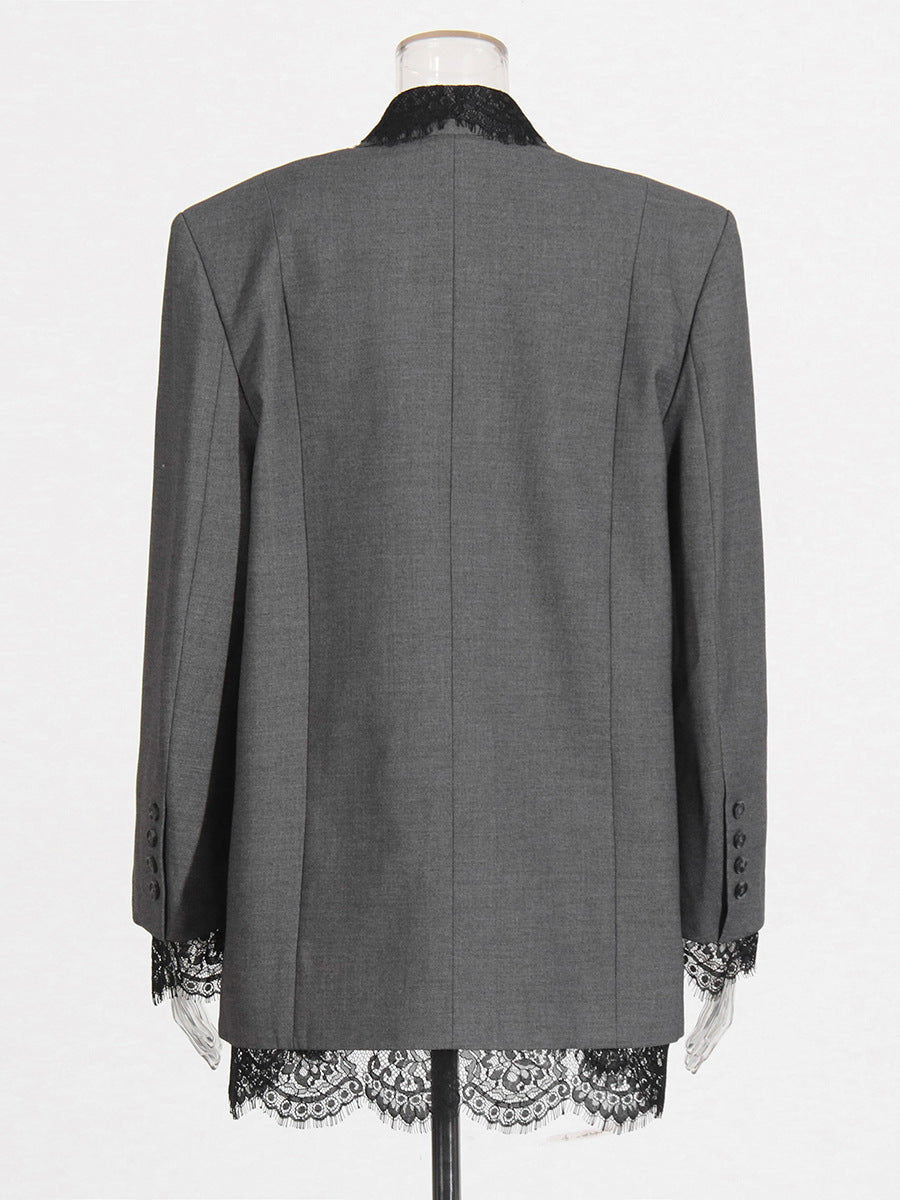 Elegant Grey Blazer Featuring A Lace-paneled Embroidered Lapel – Premium 4 | RICALOUX