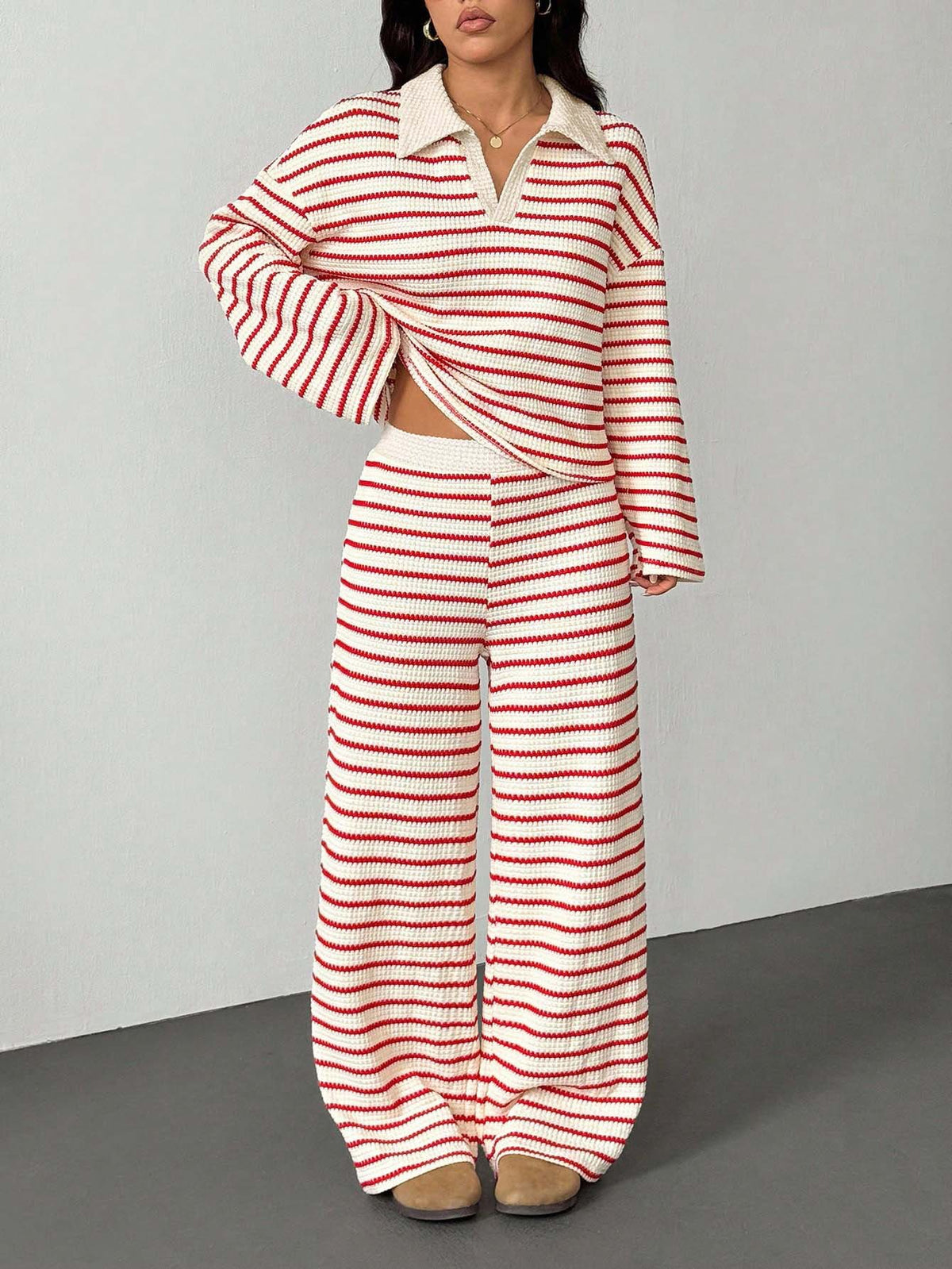 Striped Knitted Color-Block Long-Sleeve Top And Pants Casual Set – Premium 0 | RICALOUX