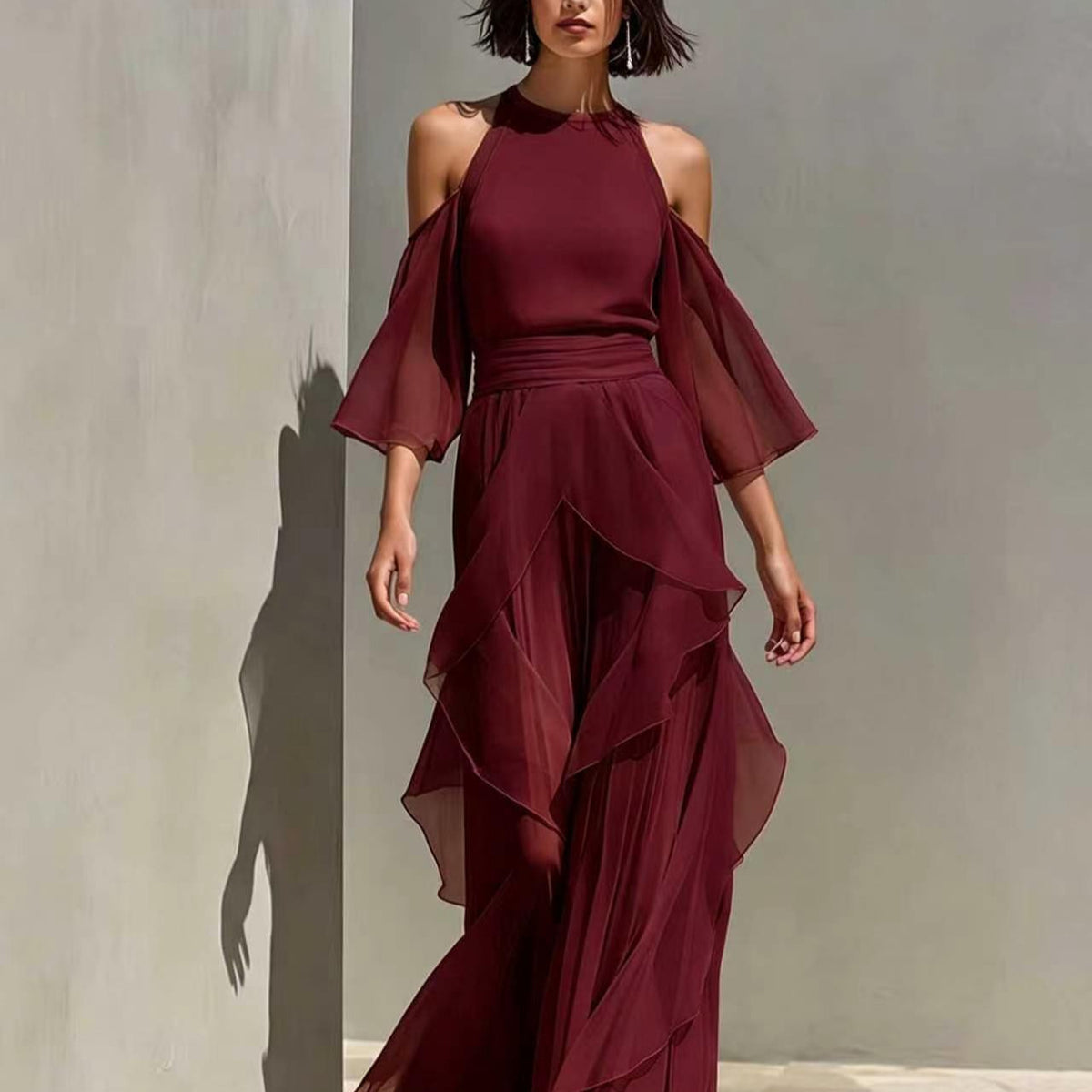 Womens Chiffon Blouse And Flare-sleeve Straight-leg Pants Set by Ricaloux