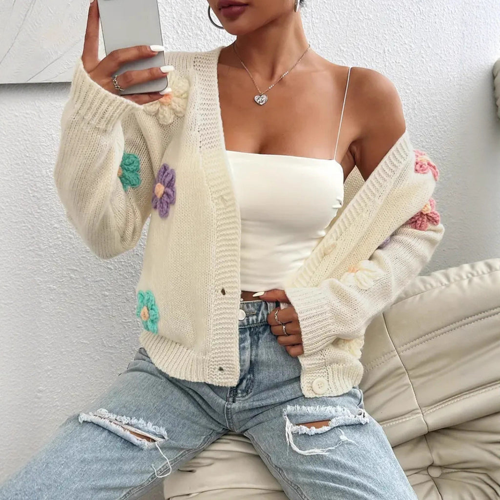 Womens Knitted Cardigan With Three-dimensional Floral Pattern And Hand-embroidered Flowers by Ricaloux