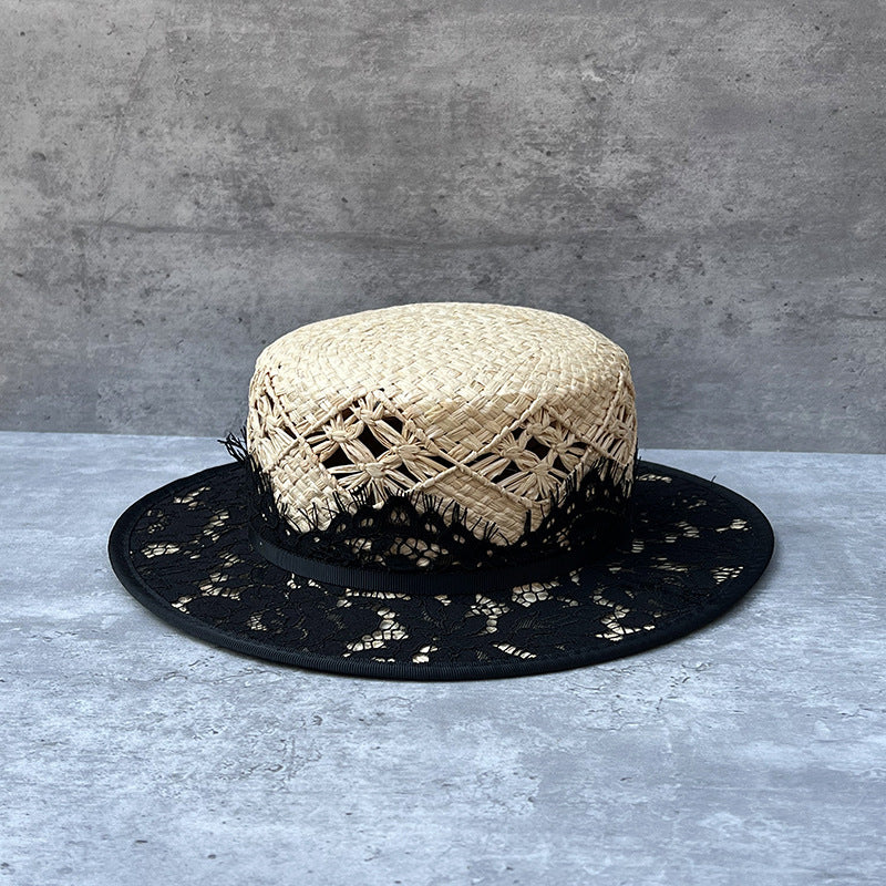 Hand-knitted Raffia Flat-Top Womens Vintage Lace Straw Sun Hat by Ricaloux