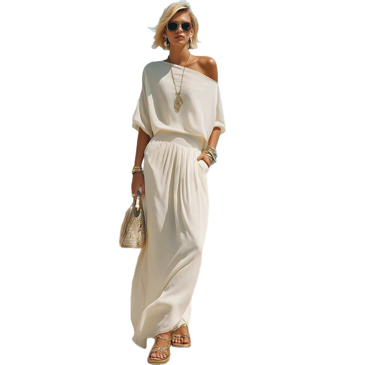 Womens Resort-Style Casual Off-Shoulder Long-Sleeve Top And Elastic-Waist Midi Skirt Set by Ricaloux