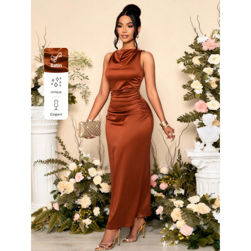 Summer New Pleated Satin Sleeveless Evening Dress by Ricaloux