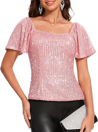 Womens Fashionable Square-neck Short-sleeve Sequin Puffed Sleeves – Premium 0 | RICALOUX