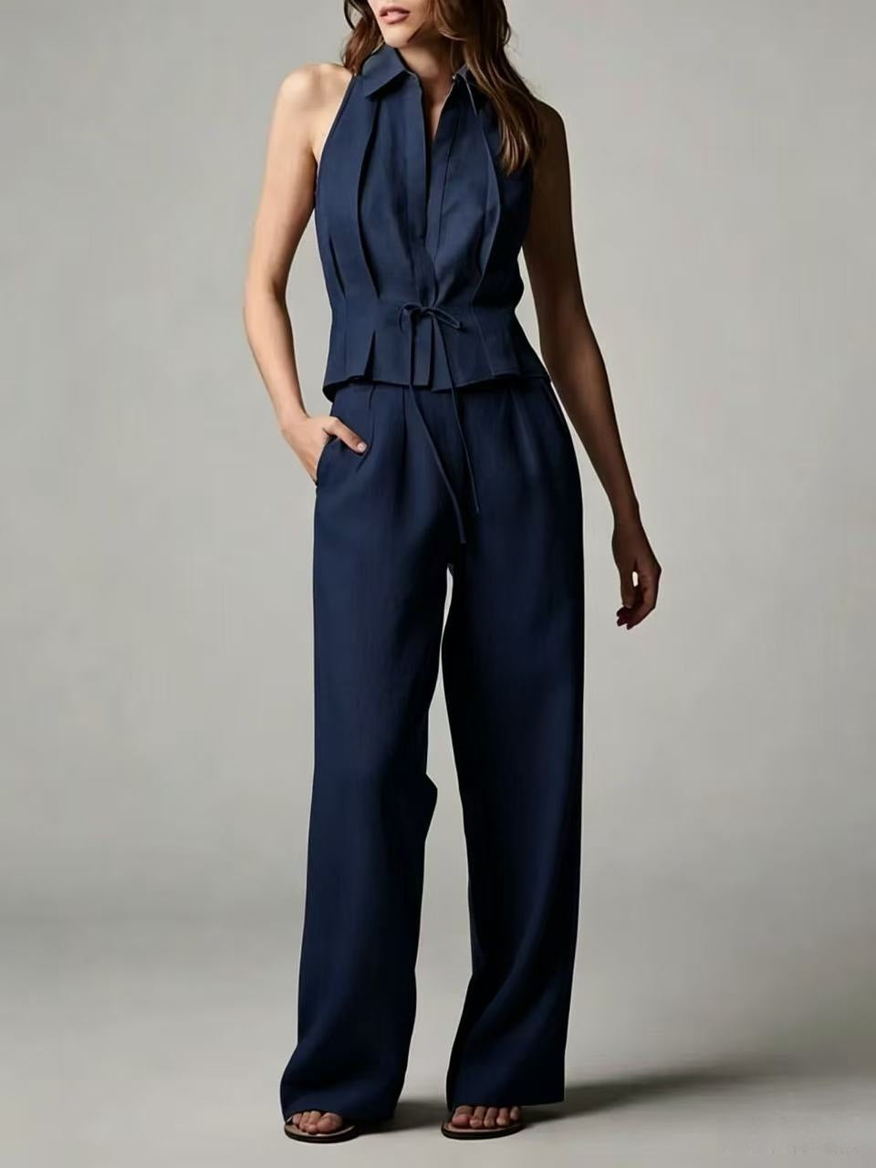 Cotton-linen Sleeveless Lapel Top With A Simple Straight-leg Pants Set by Ricaloux
