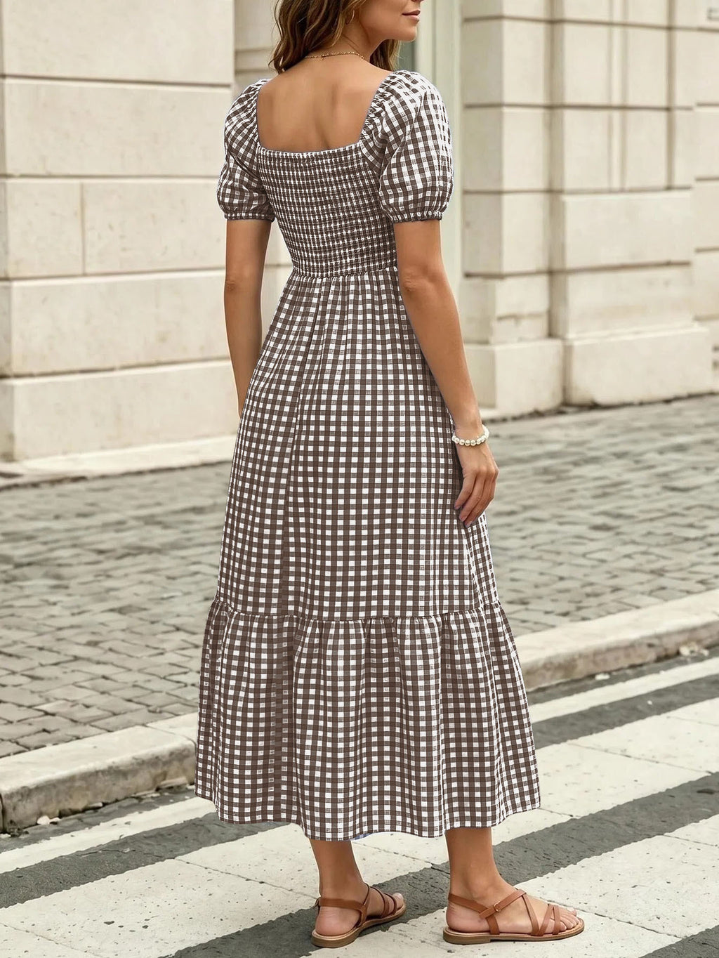 Women's Gingham Puff Sleeve Square Neck Smocked Tiered Maxi Dress - Casual Summer Beach Dress – Premium 4 | RICALOUX