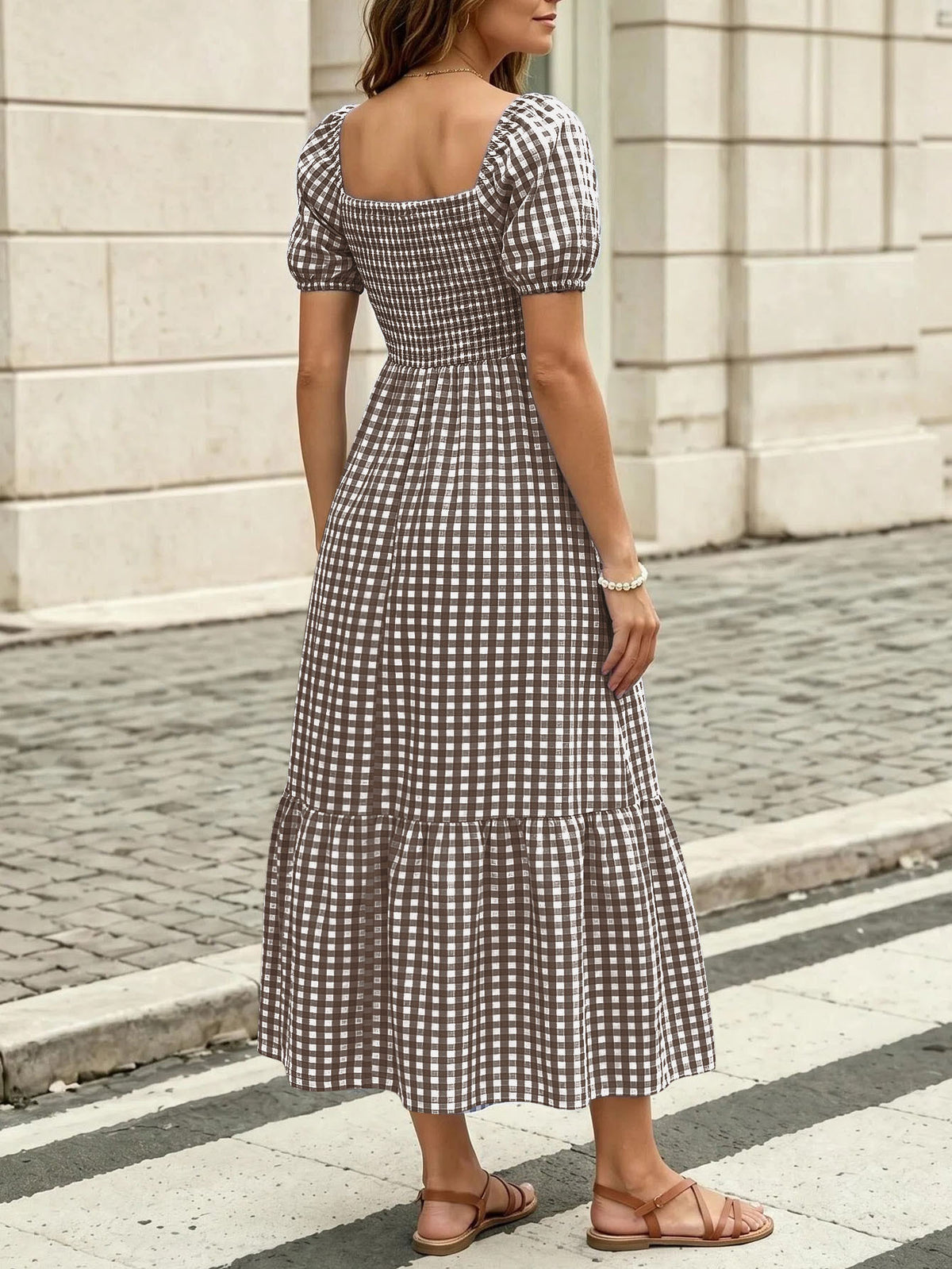 Women's Gingham Puff Sleeve Square Neck Smocked Tiered Maxi Dress - Casual Summer Beach Dress – Premium 4 | RICALOUX