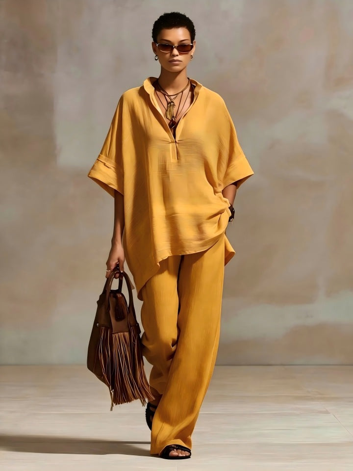 Womens Casual Loose-fitting Solid-color Shirt And Wide-leg Pants Set – Premium 0 | RICALOUX
