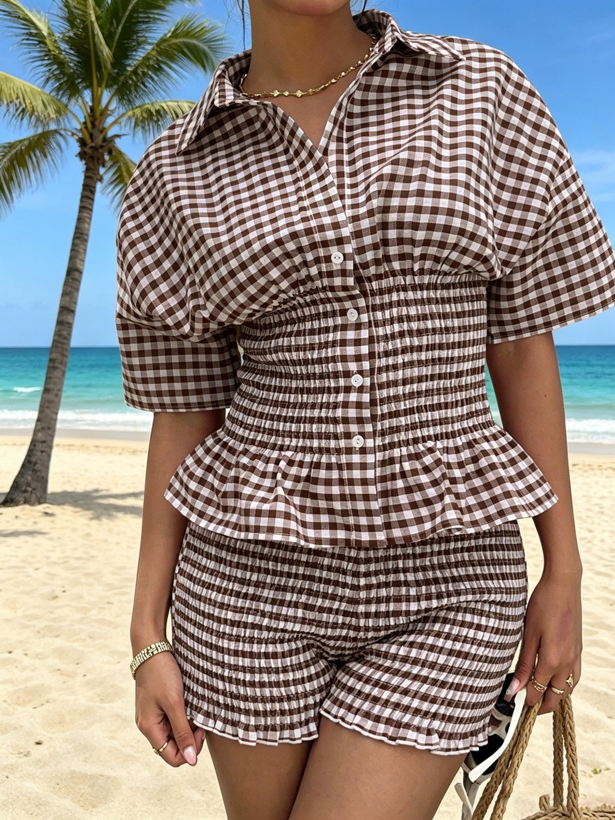Notch-collar Plaid Puff-sleeve Suit For Women by Ricaloux