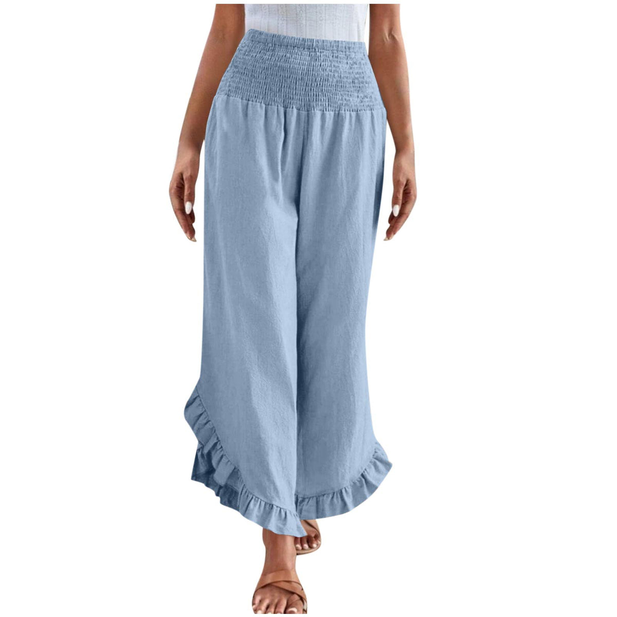 Womens High-waisted Asymmetrical-hem Cotton-linen Relaxed-fit Casual Pants – Premium 0 | RICALOUX