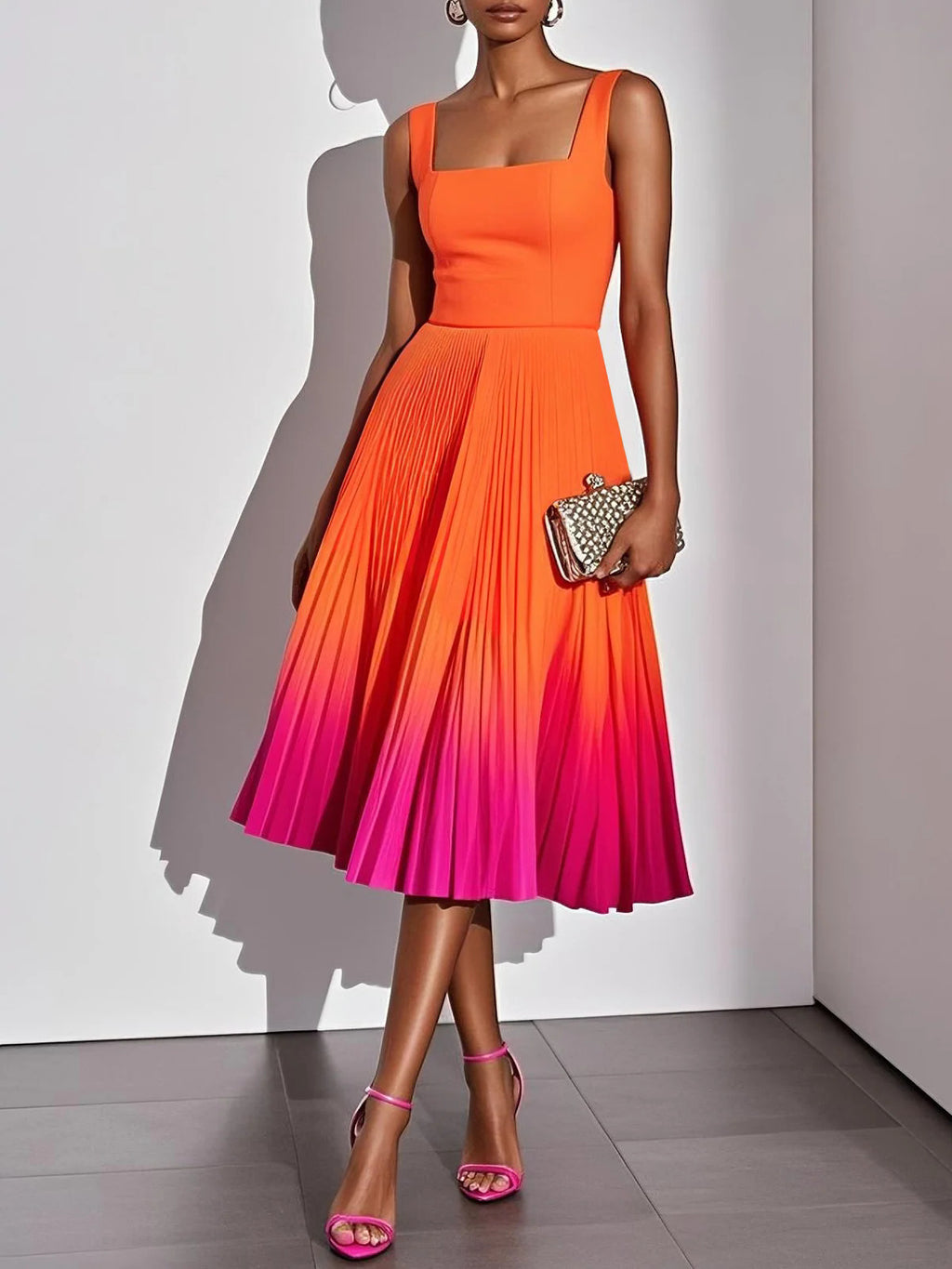 Square-neck Mid-length Dress With Gradient Pleats – Premium 0 | RICALOUX
