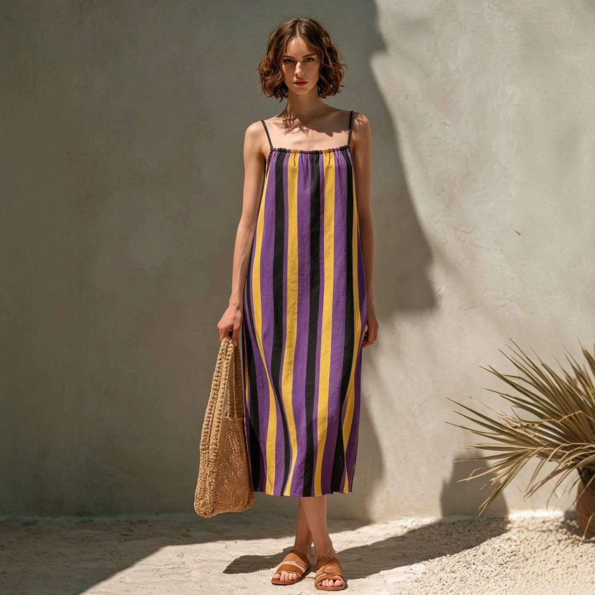 Womens Minimalist Striped Strap Midi Dress by Ricaloux