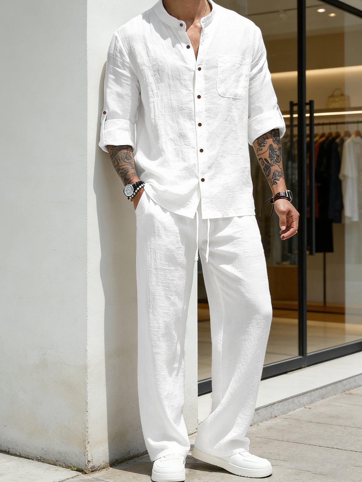 Mens Solid-Color Linen Long-Sleeve Shirt And Pants Two-Piece Set – Premium 0 | RICALOUX