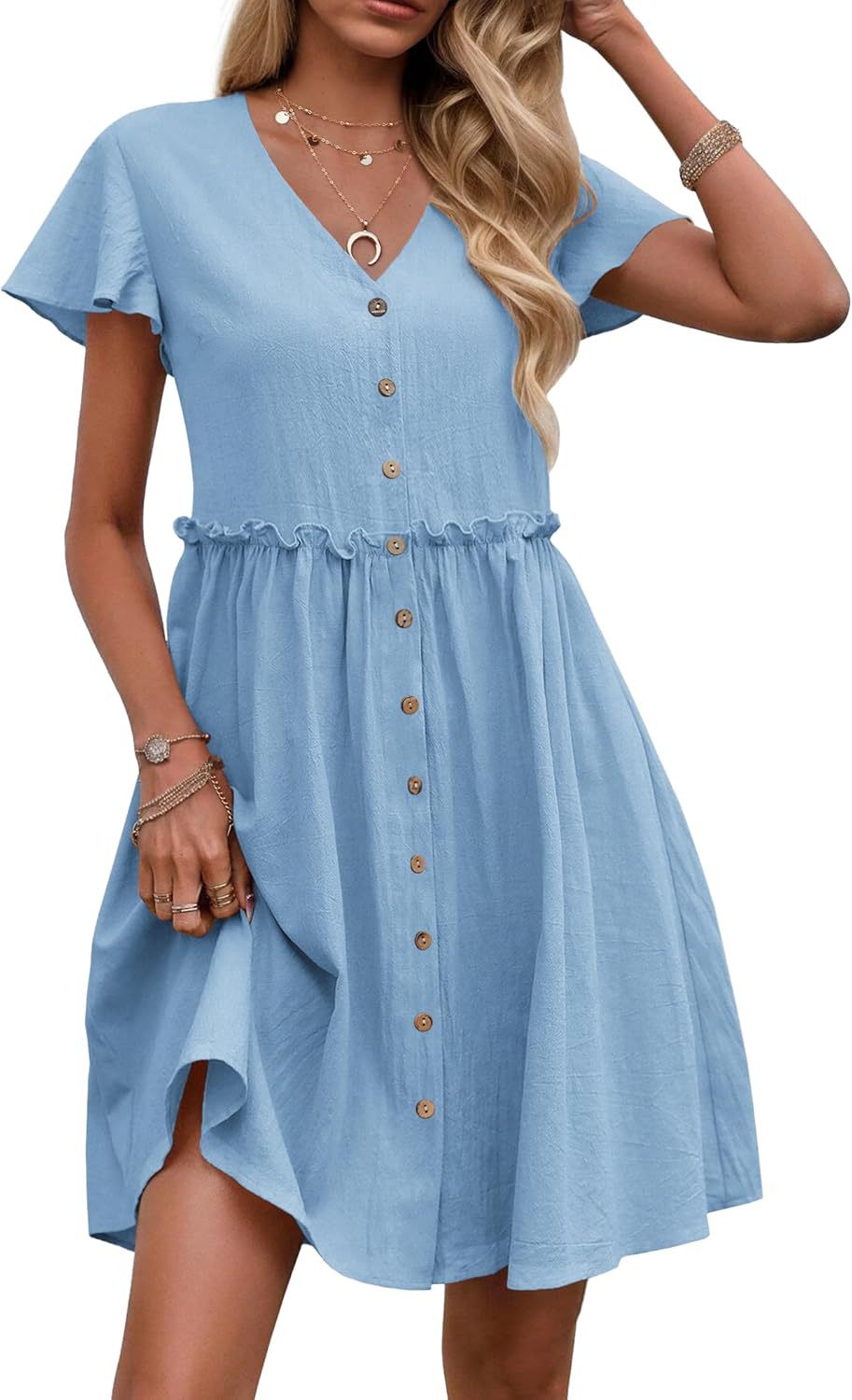 Bohemian-style Vacation V-neck Short-sleeve Ruffled Womens Dress by Ricaloux