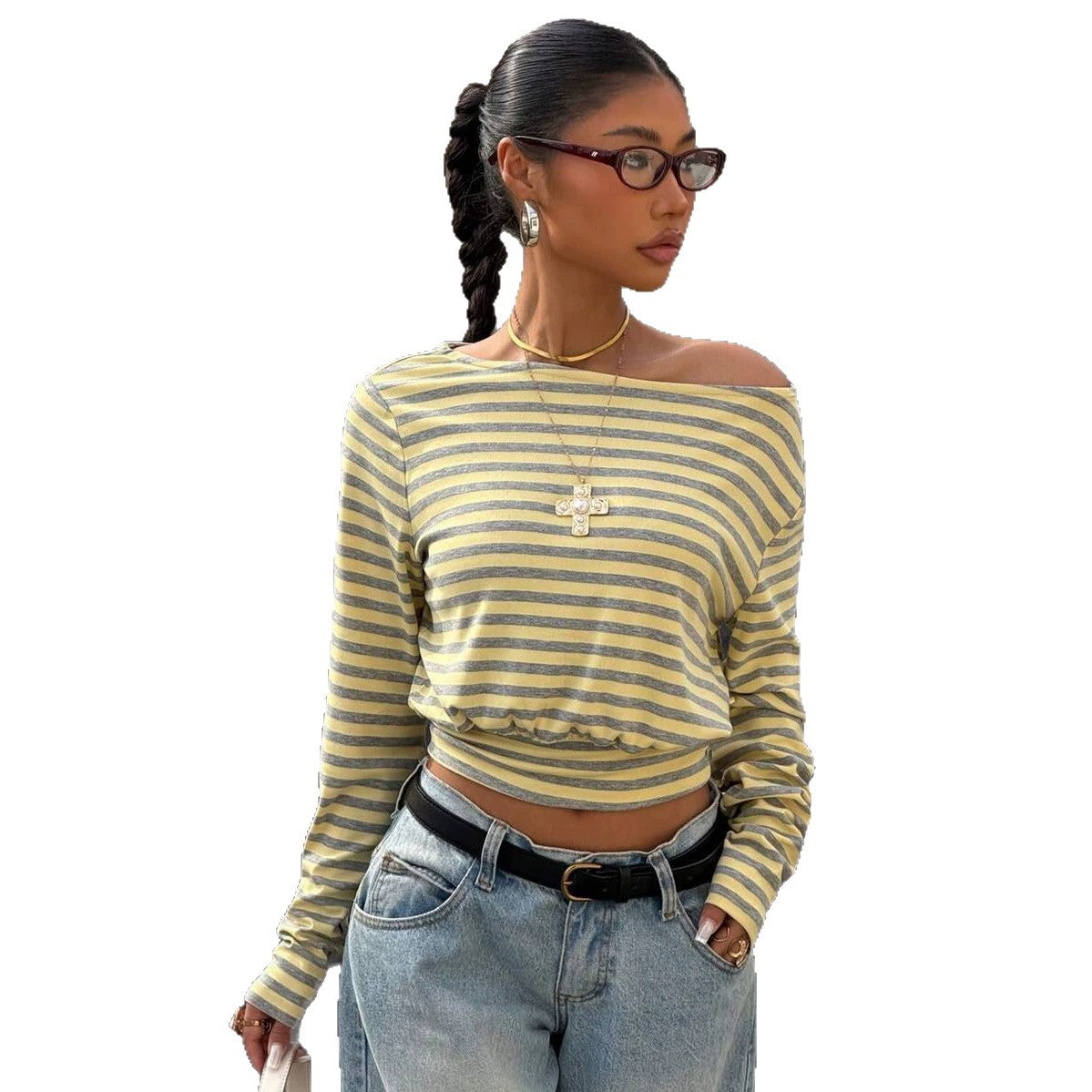 Striped Crew-neck Waist-cinched Womens Long-sleeve Top – Premium 0 | RICALOUX
