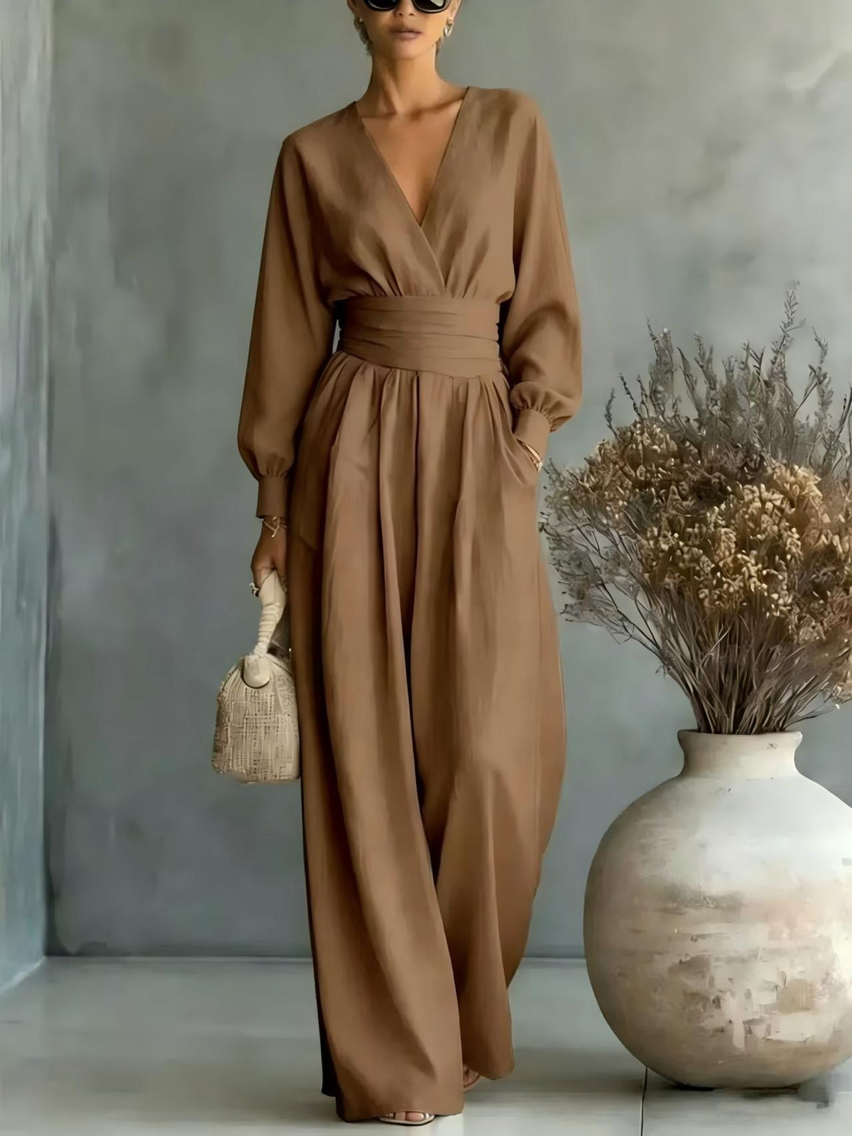 Fitted-waist V-neck Long-sleeve Womens Solid-color Jumpsuit – Premium 0 | RICALOUX