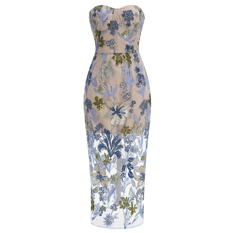Embroidered Beaded Floral Strapless Dress For Women by Ricaloux