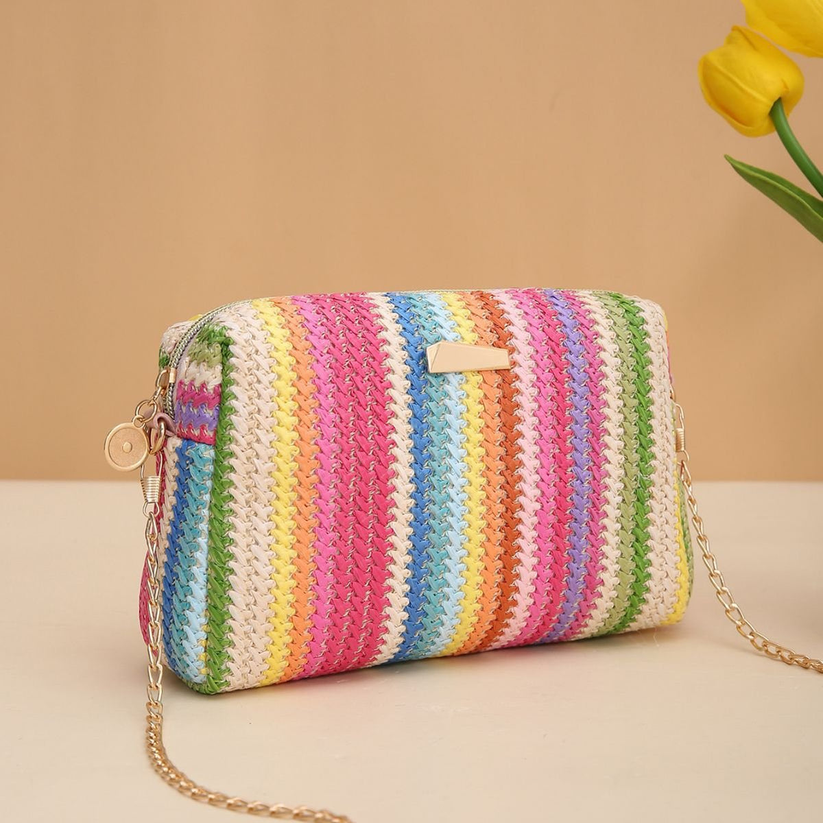 Rainbow Straw Bag Woven Camera Bag All-match Girls Crossbody Bag - RICALOUX