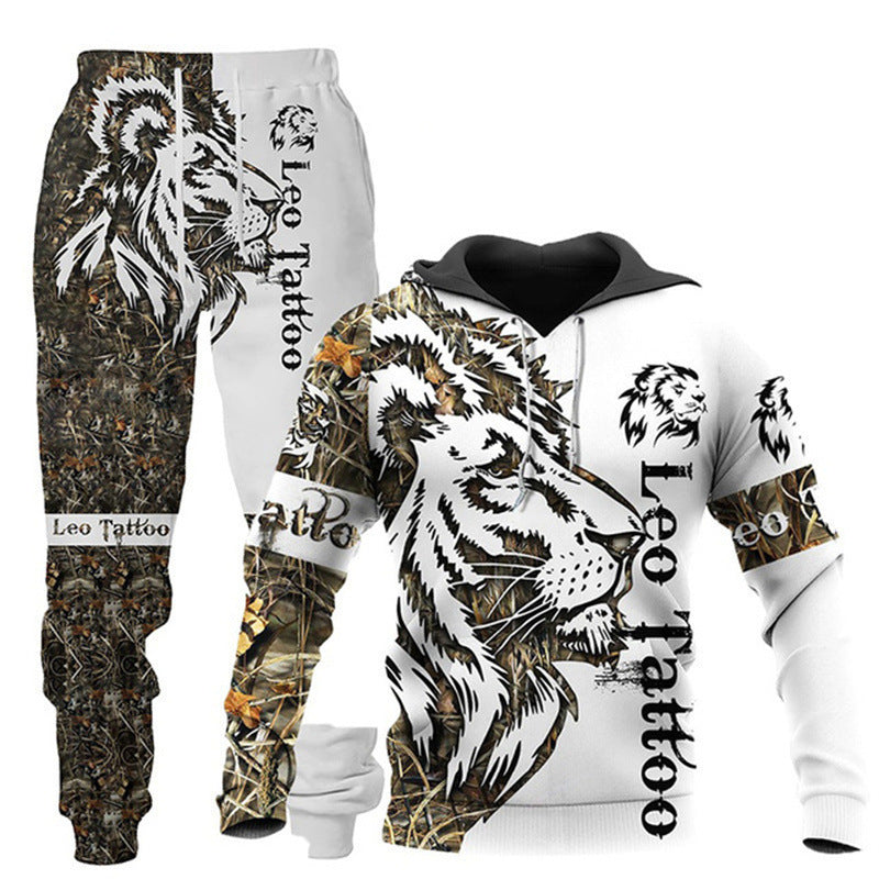 Animal-print Hooded Pullover Sweatshirt And Menswomens Sportswear Set by Ricaloux
