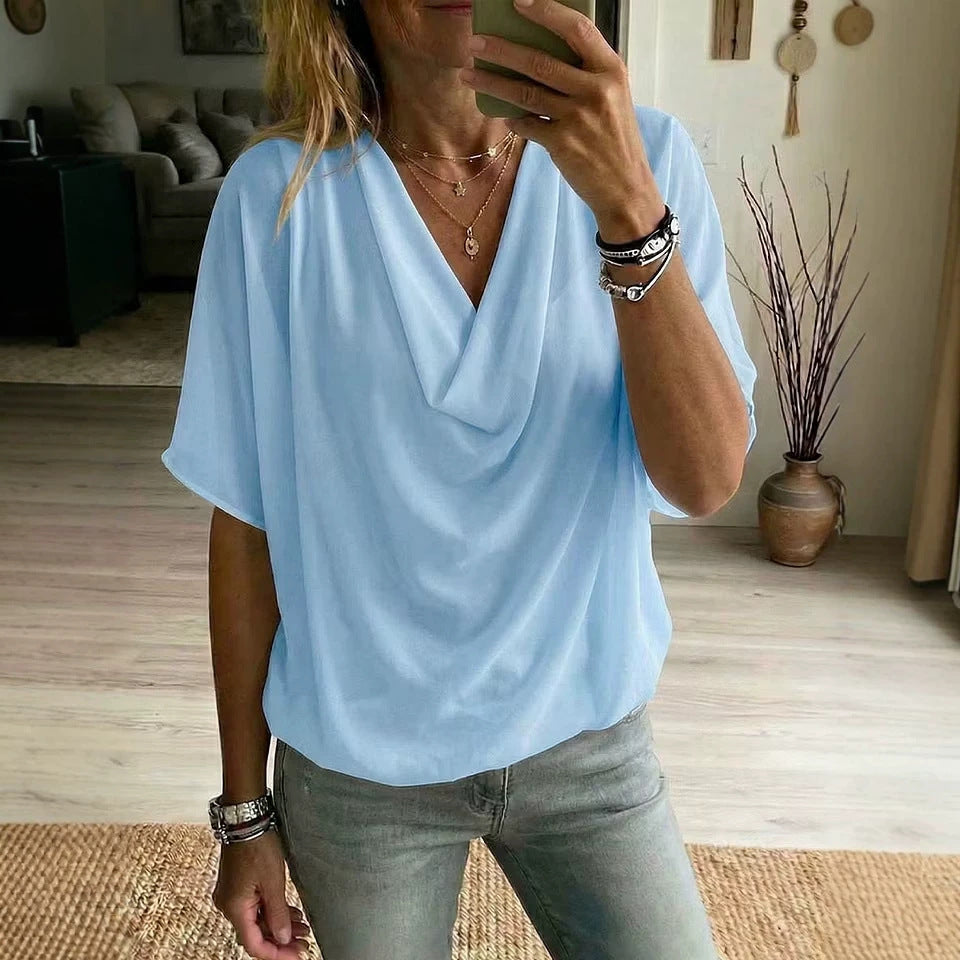 Womens Summer Loose-fit Batwing-sleeve Solid-color Draped Short-sleeve Elegant Top by Ricaloux