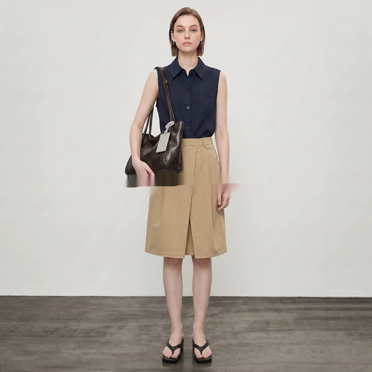 Womens Sleeveless Shirt With Lapel Collar Breathable Navy-Blue Commuter Top For Summer by Ricaloux