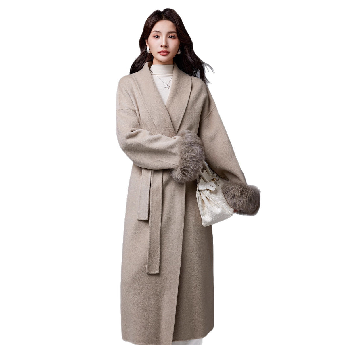 Thickened Coat With Fox-fur Sleeves Womens Belted Wool Blend by Ricaloux
